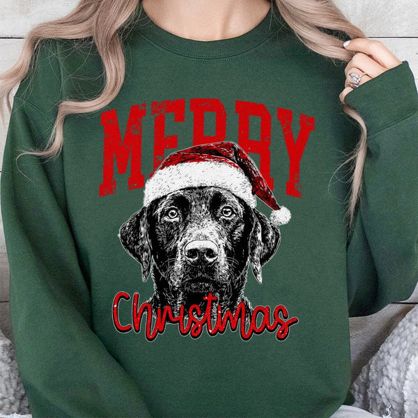 Dog in Santa Hat Holiday Sweater, Black Labrador Christmas Sweatshirt, Adorable Lab Puppy Xmas Crewneck, Dog Lover Winter Gra