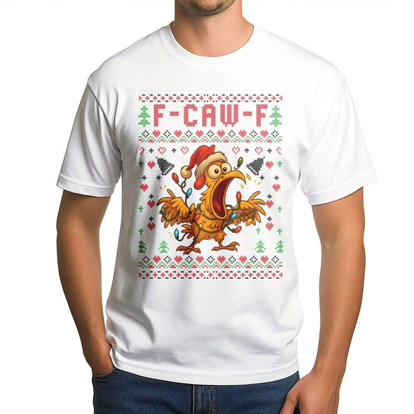 Ugly Sweater Style Holiday Tee, F-Caw-F Chicken Christmas T-Shirt, Humorous Screaming Poultry Graphic Shirt, Farm Xmas Chicke