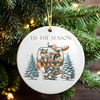 Tis the Season Winter Animal Ornament, Fox and Moose Skiing Ornament, Ceramic Christmas Tree Ornament, Festive Woodland Holiday Present