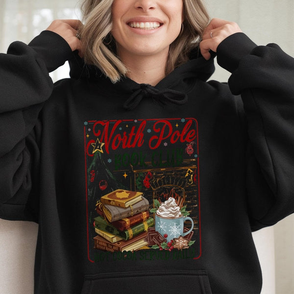 Comfy Christmas Reading Sweatshirt, North Pole Book Club Hoodie, Adorable Holiday Bookish Pullover, Reader Winter Hooded Top