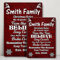 Custom Holiday Family Metal Sign, Personalized Christmas Rules Metal Sign, Winter Farmhouse Decor, Xmas Living Room Art