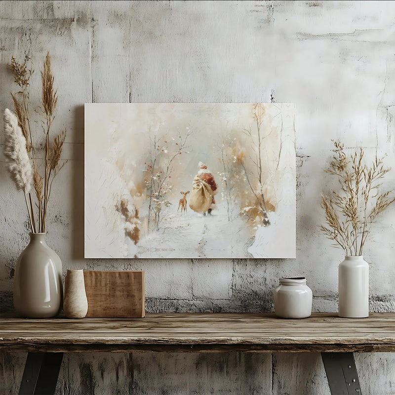 Whimsical Snowy Forest Christmas Print, Santa Claus and Reindeer Canvas Art, Festive Holiday Wall Decor, Merry Christmas Home Present