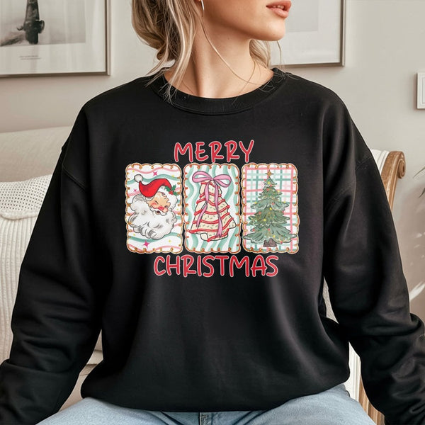 Retro Santa Claus Holiday Tree Crewneck, Merry Christmas Sweatshirt, Vintage Xmas Graphic Sweater, Comfy Winter Season Pullov
