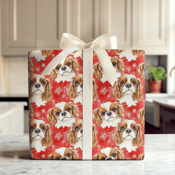 Festive Watercolor Dog Holiday Gift Wrap, Cavalier King Charles Spaniel Christmas Wrapping Paper, Winter Snowflake Puppy Pres