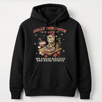 Jolly Biscuits Club Holiday Graphic Hoodie, Christmas Cat Baking Hoodie, Humorous Cat Lover Xmas Pullover, Adorable Kitty Baker Winter Hoodie