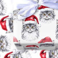 Cat in Santa Hat Gift Wrap, Grey Cat Christmas Wrapping Paper, Watercolor Kitten Holiday Wrapping Paper, Pet Lover Xmas Present Paper