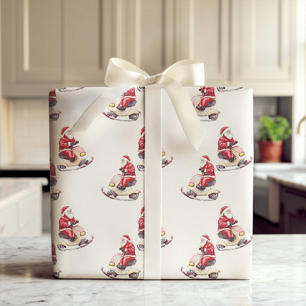 Watercolor Santa Scooter Gift Wrap, Santa Riding Scooter Wrapping Paper, Whimsical Christmas Wrapping Paper, Holiday Present 