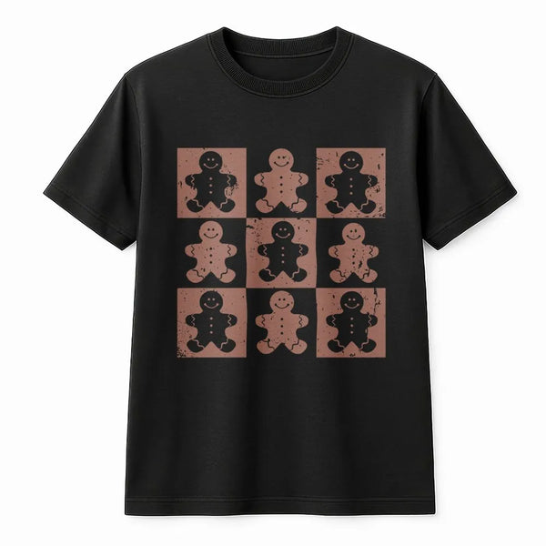 Retro Checkered Christmas Graphic Shirt, Gingerbread Man T-Shirt, Adorable Holiday Cookie Tee, Vintage Xmas T-Shirt for Women