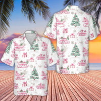 Festive Sleigh and Tree Shirt, Pink Christmas Hawaiian Shirt, Retro Holiday Tropical Aloha Shirt, Summer Button Up, Xmas Present for Men Women
