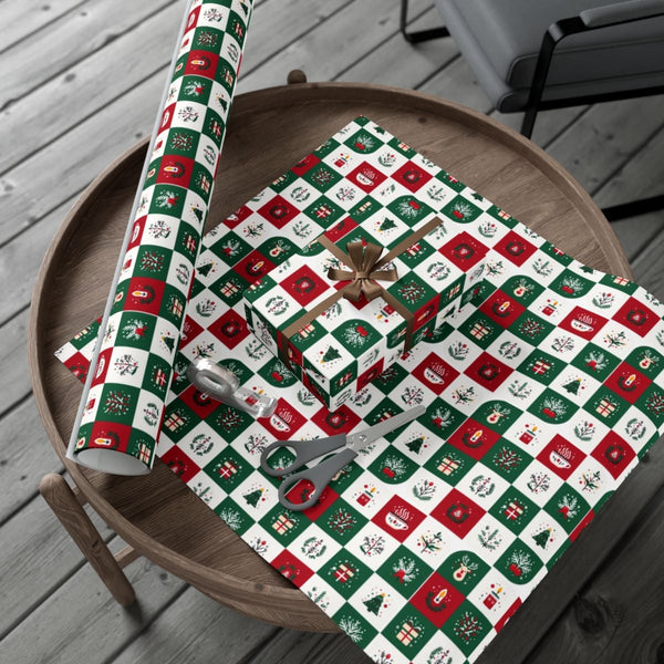 Checkerboard Holiday Icons Gift Wrap, Folk Art Christmas Wrapping Paper, Retro Xmas Wrapping Paper, Festive Winter Present Wr