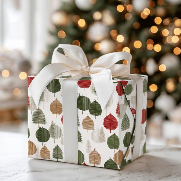 Modern Minimalist Tree Gift Wrap, Scandi Tree Christmas Wrapping Paper, Nordic Holiday Present Paper, Festive Xmas Wrapping P
