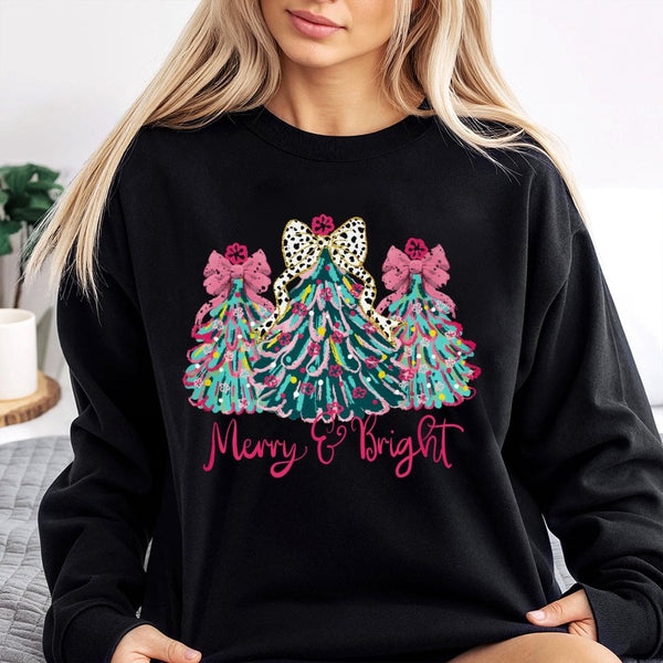 Merry and Bright Holiday Crewneck, Coquette Christmas Tree Bow Sweatshirt, Preppy Christmas Tree Sweater, Adorable Winter Gra