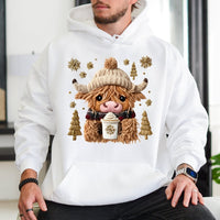 Faux Embroidery Scottish Cow Hoodie, Highland Cow Christmas Hoodie, Comfy Winter Farm Animal Hooded Sweatshirt, Xmas Highland Cow Pullover