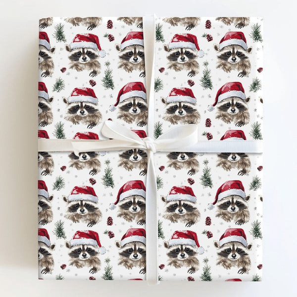 Santa Hat Animal Gift Wrap, Christmas Raccoon Wrapping Paper, Woodland Watercolor Wrapping Paper, Pinecone Holiday Gift Wrap 