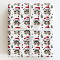 Santa Hat Animal Gift Wrap, Christmas Raccoon Wrapping Paper, Woodland Watercolor Wrapping Paper, Pinecone Holiday Gift Wrap Paper