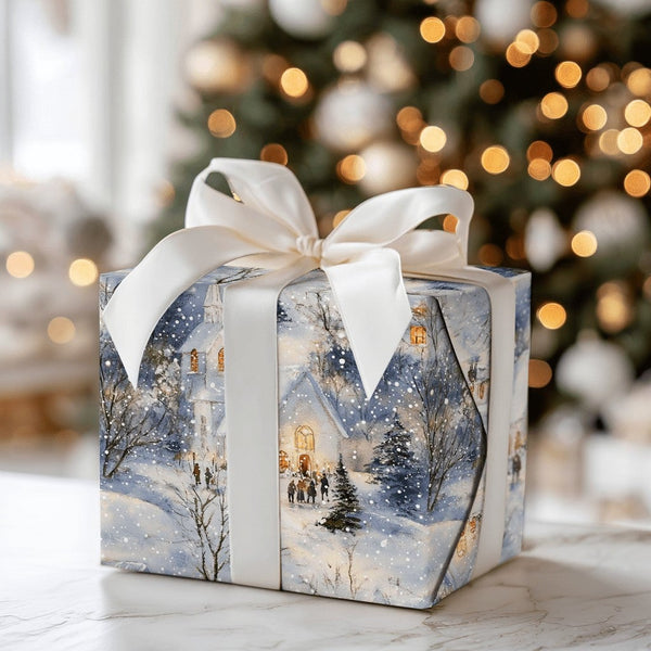 Scenic Village Christmas Gift Wrap, Snowy Winter Church Wrapping Paper, Traditional Holiday Wrapping Paper, Winter Gift Wrap 