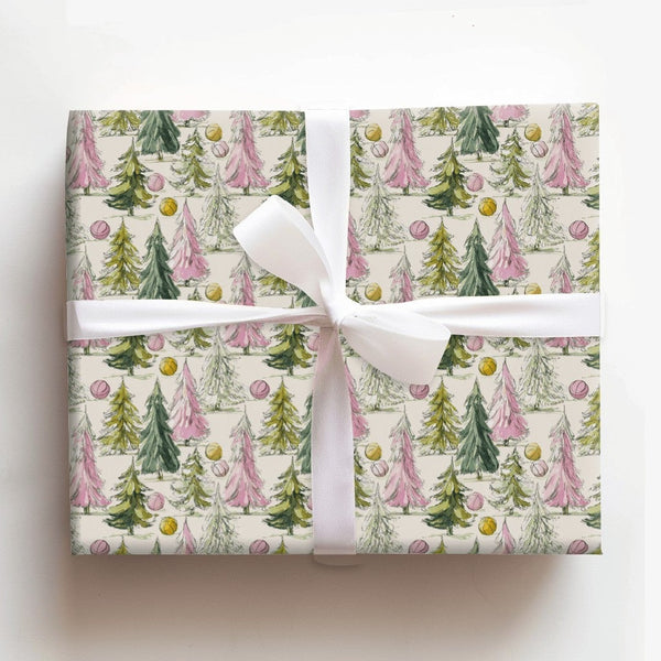 Watercolor Tree Gift Wrap, Pink and Green Christmas Trees Wrapping Paper, Whimsical Holiday Wrapping Paper, Pastel Christmas 