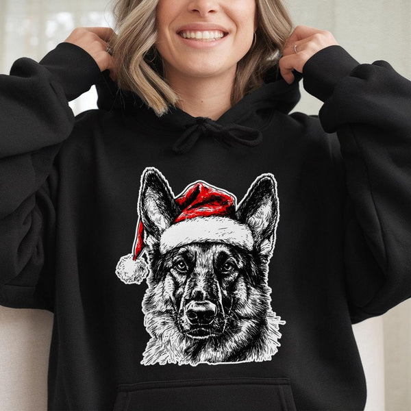 Santa Hat Dog Pullover, German Shepherd Christmas Hoodie, Dog Lover Holiday Hoodie, Xmas Pet Graphic Hooded Sweatshirt
