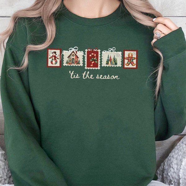 Retro Winter Postage Stamp Crewneck, Tis the Season Christmas Sweatshirt, Comfy Holiday Aesthetic Sweater, Adorable Xmas Pull