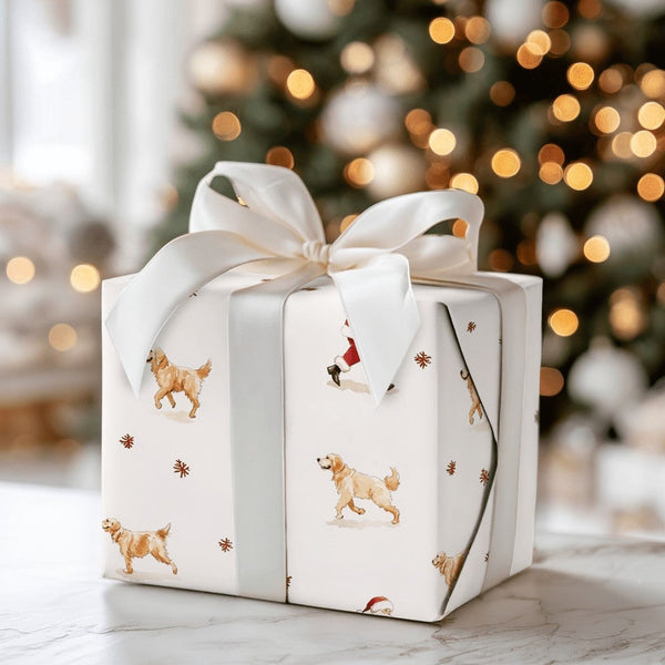 Christmas Santa Dog Gift Wrap, Golden Retriever Wrapping Paper, Watercolor Holiday Present Wrapping Paper, Adorable Puppy Xma