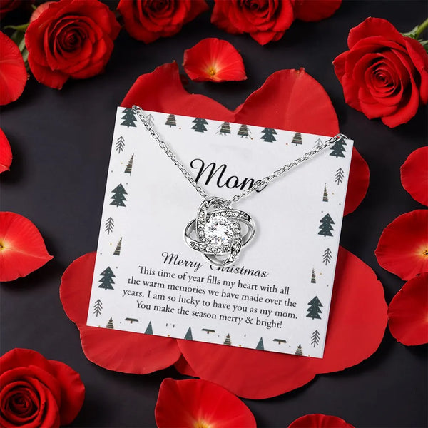 Rotating Rose Box Jewelry, Mom Love Knot Necklace, Sparkling CZ Crystal Pendant Necklace, Christmas Present for Mother, Holid