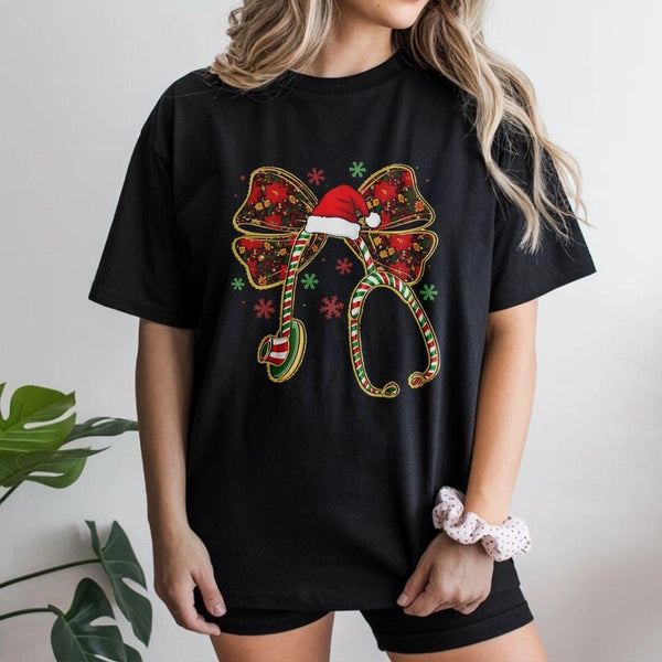 Festive Stethoscope Bow Shirt, Christmas Nurse T-Shirt, Adorable RN Holiday Graphic Tee, Nursing Student Christmas Shirt, Med