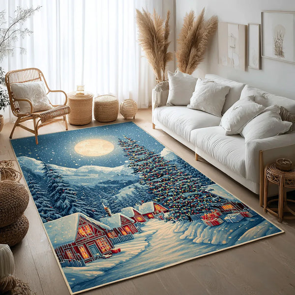 Snowy Forest Landscape Carpet, Frosty Night Winter Area Rug, Christmas Living Room Floor Mat, Non-Slip Rubber Backing Holiday