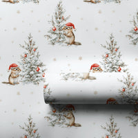 Watercolor Santa Hat Gift Wrap, Christmas Chipmunk Wrapping Paper, Adorable Woodland Animal Holiday Paper, Festive Xmas Gift Wrapping Roll