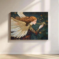 Redhead Angel Decorating Tree Print, Christmas Angel Canvas Wall Art, Golden Wings Holiday Canvas Decor, Winter Digital Download Present