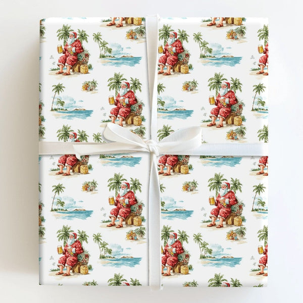 Beach Santa Gift Wrap, Tropical Santa Wrapping Paper, Humorous Beer Santa Wrapping Paper, Coastal Christmas Gift Wrap, Holida