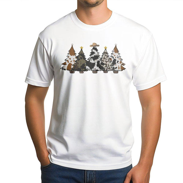 Cowhide Print Christmas Trees Graphic Tee, Western Christmas T-Shirt, Country Holiday Ranch T-Shirt, Rustic Merry Xmas Shirt 