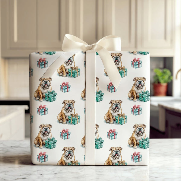 Watercolor Dog Holiday Gift Wrap, English Bulldog Christmas Wrapping Paper, Festive Puppy Wrapping Paper Roll, Dog Lover Xmas
