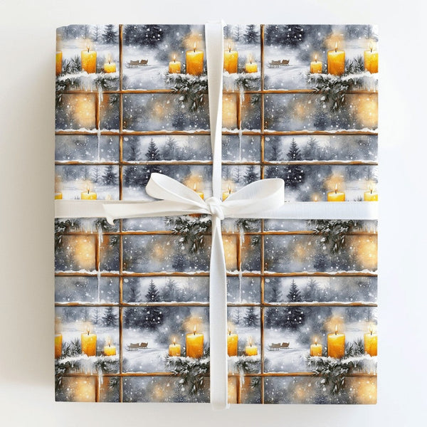 Comfy Candlelight Holiday Gift Wrap, Winter Window Scene Wrapping Paper, Snowy Landscape Christmas Wrapping Paper, Festive Xm