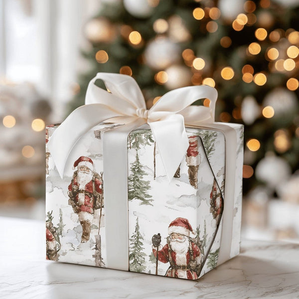 Snowy Forest Christmas Gift Wrap, Vintage Hiking Santa Wrapping Paper, Watercolor Santa Claus Present Paper, Rustic Holiday P