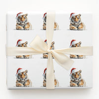 Watercolor Tiger Gift Wrap, Tiger Cub Christmas Wrapping Paper, Santa Hat Animal Wrapping Paper, Adorable Holiday Gift Wrap Roll
