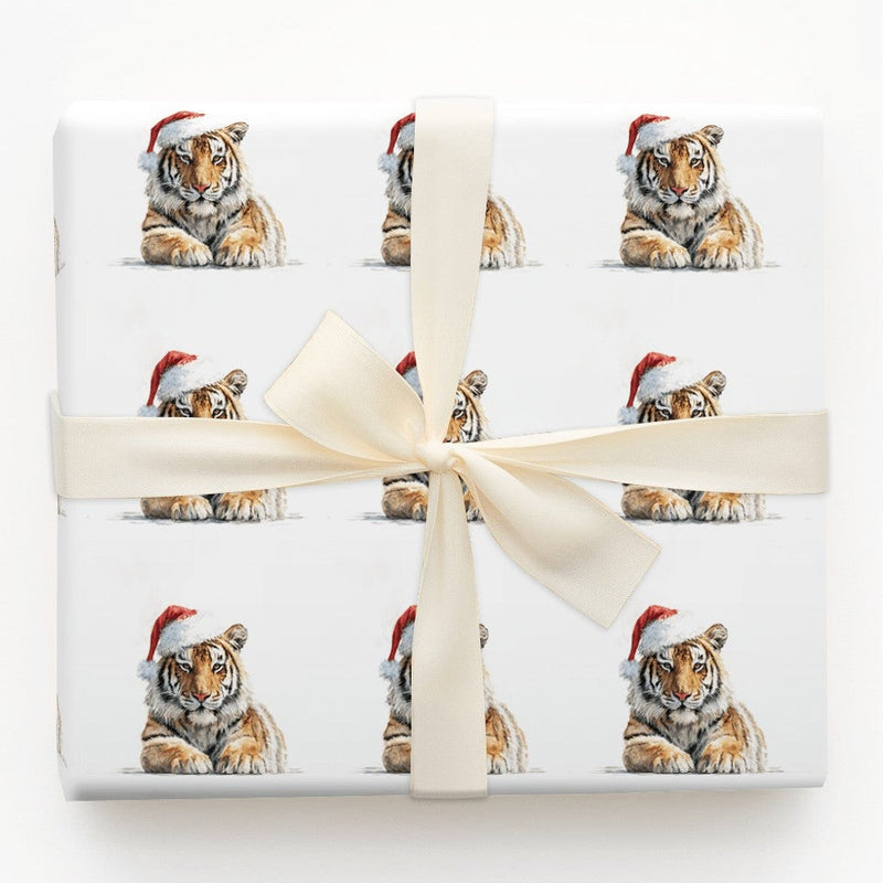 Watercolor Tiger Gift Wrap, Tiger Cub Christmas Wrapping Paper, Santa Hat Animal Wrapping Paper, Adorable Holiday Gift Wrap Roll