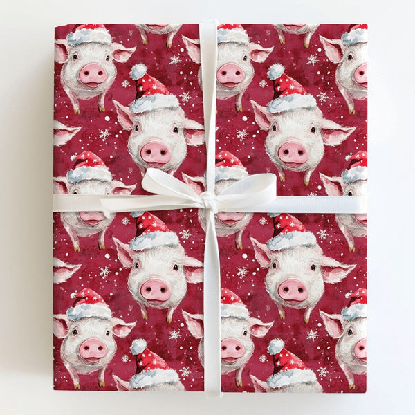 Santa Hat Farm Animal Gift Wrap, Christmas Pig Wrapping Paper, Adorable Watercolor Pig Wrapping Paper, Holiday Pig Gift Wrapp