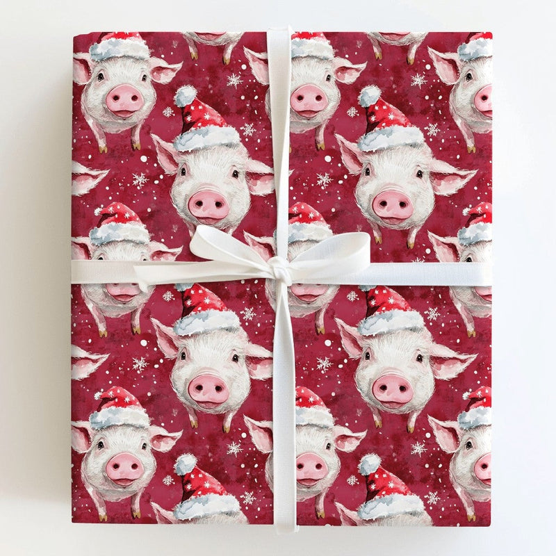 Santa Hat Farm Animal Gift Wrap, Christmas Pig Wrapping Paper, Adorable Watercolor Pig Wrapping Paper, Holiday Pig Gift Wrapping Paper