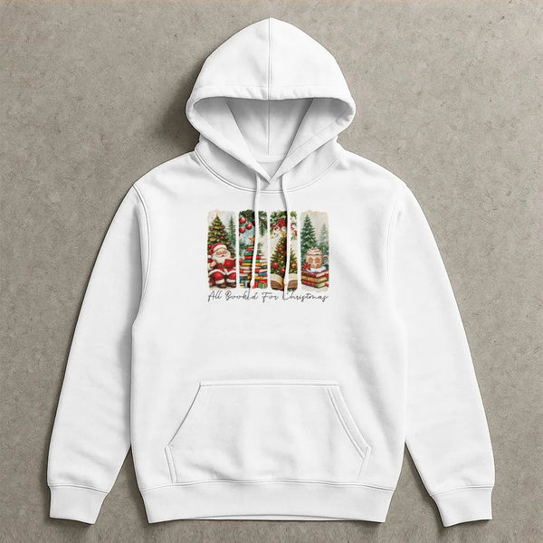Bookish Christmas Hooded Sweatshirt, All Booked for Christmas Hoodie, Vintage Santa Book Stack Pullover, Comfy Reader Christm