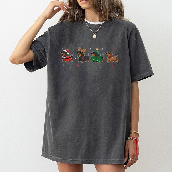 Humorous Wiener Dog Holiday T-Shirt, Dachshund Christmas Shirt, Adorable Doxie Graphic Tee, Retro Pet Lover Xmas Shirt, Dog L