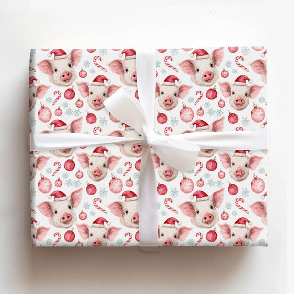 Adorable Piglet Holiday Gift Wrap, Santa Hat Pig Christmas Wrapping Paper, Watercolor Farm Animal Wrapping Paper, Festive Xma