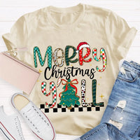 Colorful Christmas Tree Typography Tee, Merry Christmas Y'all Shirt, Southern Holiday Graphic T-Shirt, Family Xmas Apparel Present