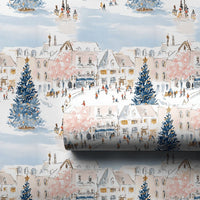 Town Square Christmas Gift Wrap, European Winter Village Wrapping Paper, Watercolor Holiday Wrapping Paper, Snowy Festive Wrapping Paper