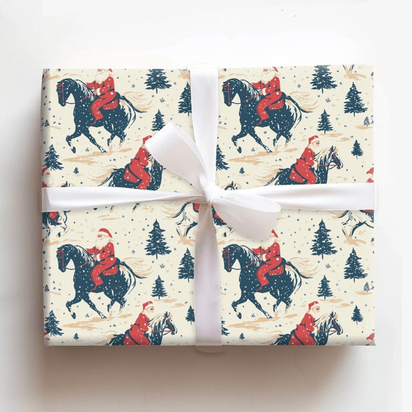 Vintage Western Holiday Gift Wrap, Santa on Horse Christmas Wrapping Paper, Rustic Santa Equestrian Wrapping Paper, Holiday G