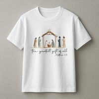 Christian Christmas Holiday Graphic Tee, Nativity Scene the Greatest Present T-Shirt, Jesus Religious Faith Shirt, Noel Winter Top