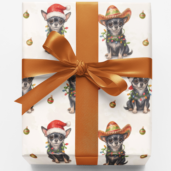 Dog Holiday Gift Wrap, Chihuahua Christmas Wrapping Paper, Santa Hat Sombrero Dog Paper, Pet Lover Gift Wrap, Christmas Wrapp