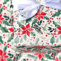 Holly Berry Christmas Gift Wrap, Watercolor Poinsettia Wrapping Paper, Botanical Holiday Wrapping Paper, Festive Floral Gift Wrap Roll