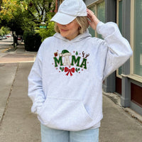 Santa Hat Bow Holiday Hoodie, Christmas Mama Hoodie, Festive Winter Graphic Hooded Sweatshirt, Comfy Mom Christmas Hoodie, Holiday Mom Present