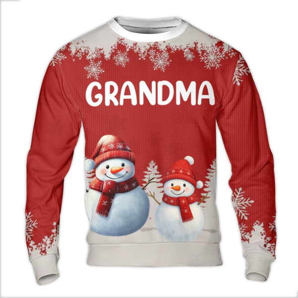 Festive Snowman Snowflake Fleece Pullover, Grandma Ugly Christmas Sweater, Adorable Holiday Mimi Nana Crewneck, Grandma Xmas 