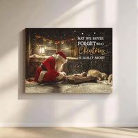 Religious Christmas Wall Art, Santa Kneeling Before Baby Jesus Canvas Art, Christian Nativity Print, Holiday Home Decor Present